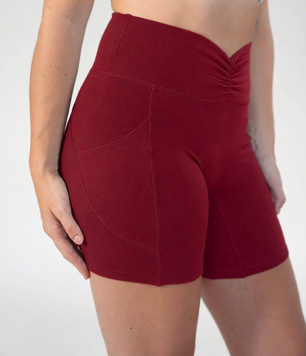 Lavoréa Ruched Waist Pocket Shorts in Burgundy, organic cotton, photo 1 of 2