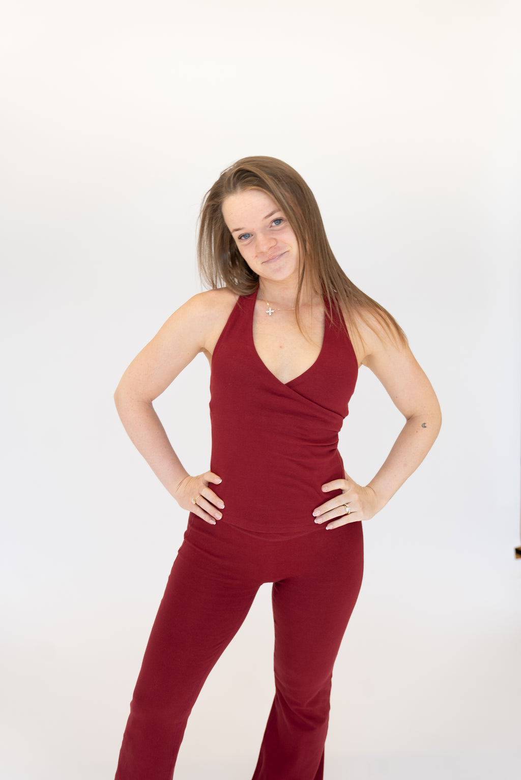 Lavoréa Wrap Waist Flare Leggings in Burgundy, organic cotton, photo 4 of 6