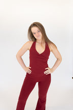 Lavoréa Wrap Waist Flare Leggings in Burgundy, organic cotton, photo 4 of 6