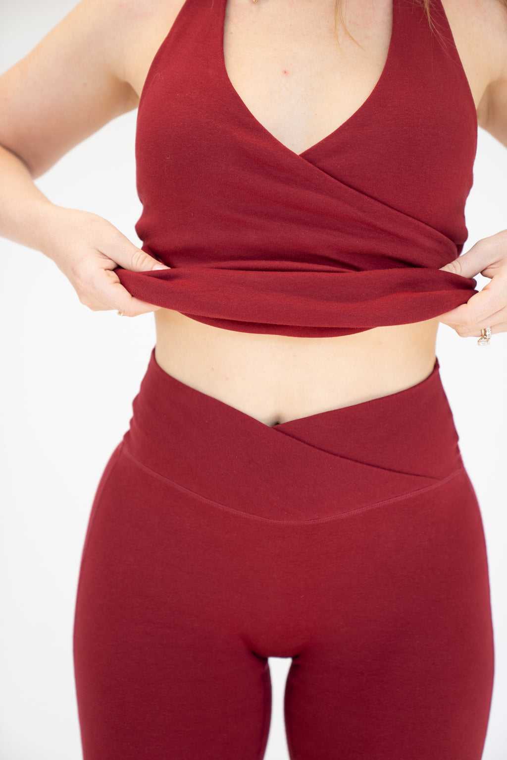 Lavoréa Wrap Waist Flare Leggings in Burgundy, organic cotton, photo 5 of 6