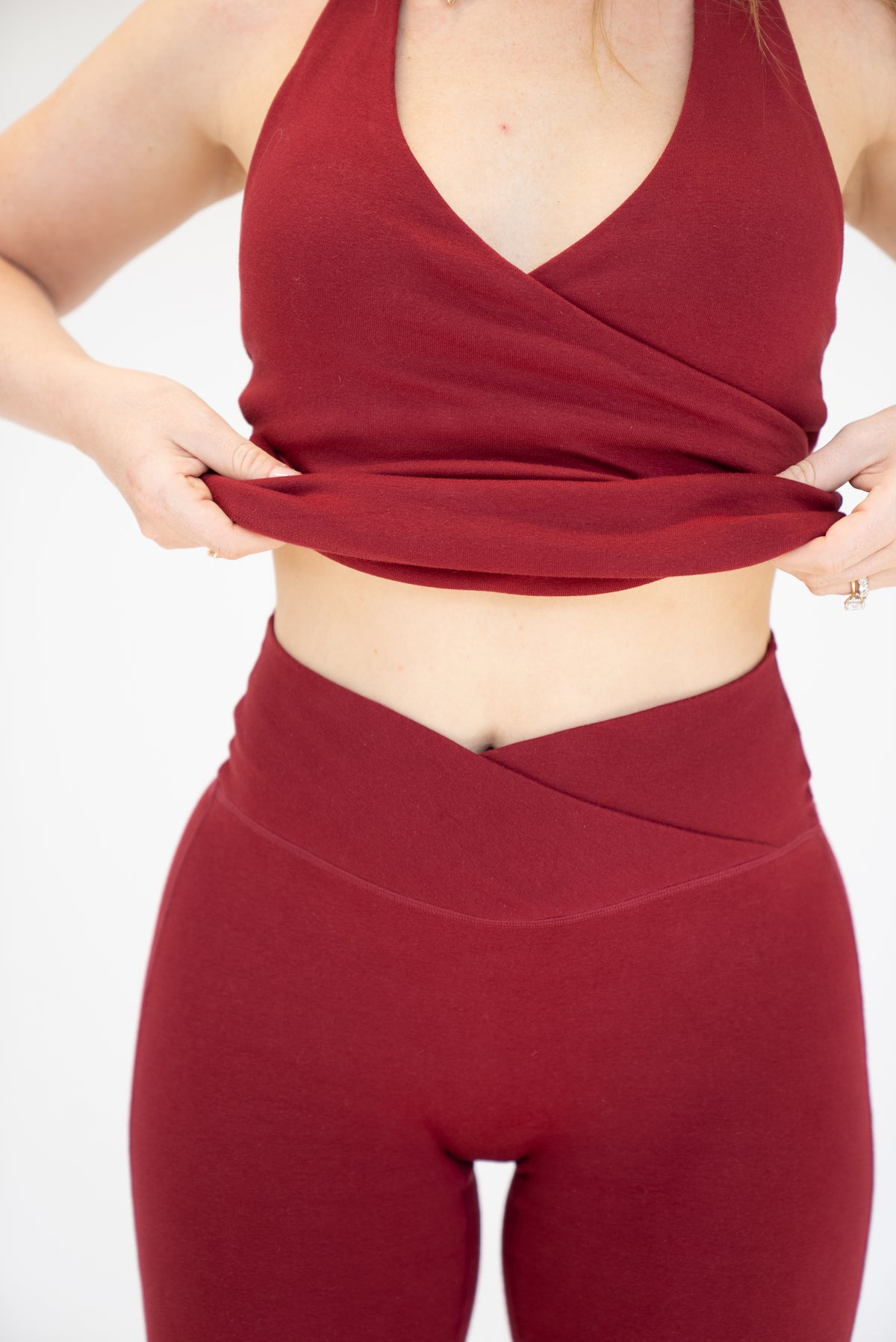Lavoréa Wrap Waist Flare Leggings in Burgundy, organic cotton, photo 5 of 6