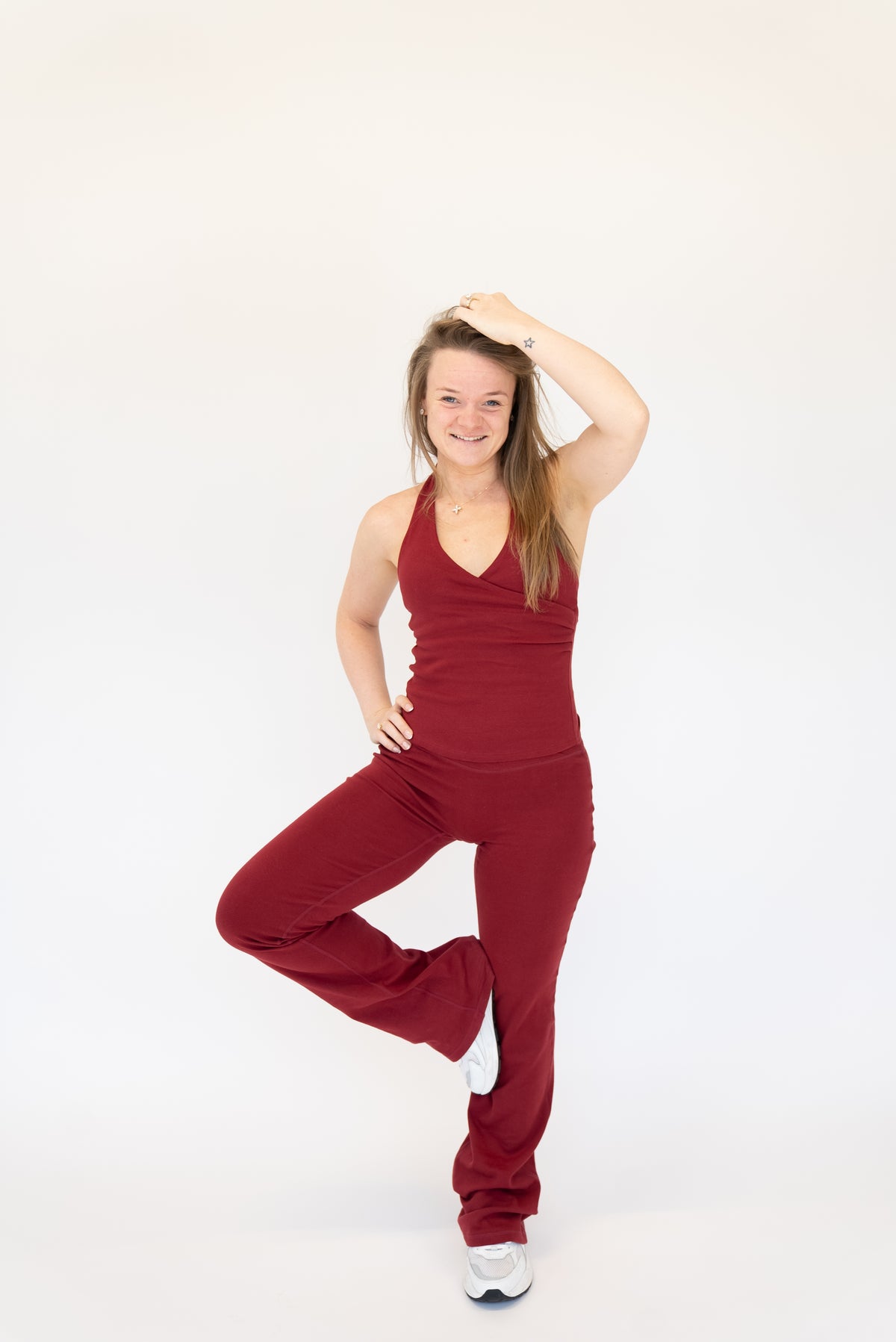 Lavoréa Wrap Waist Flare Leggings in Burgundy, organic cotton, photo 6 of 6