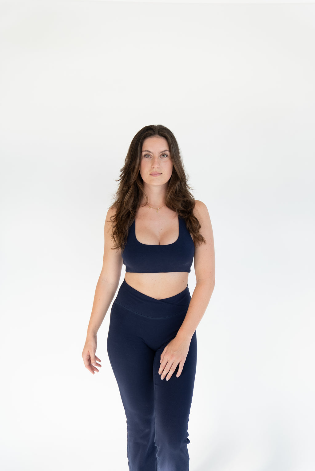 Lavoréa Wrap Waist Flare Leggings in Navy Blue, organic cotton, front view
