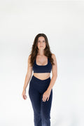 Lavoréa Wrap Waist Flare Leggings in Navy Blue, organic cotton, front view