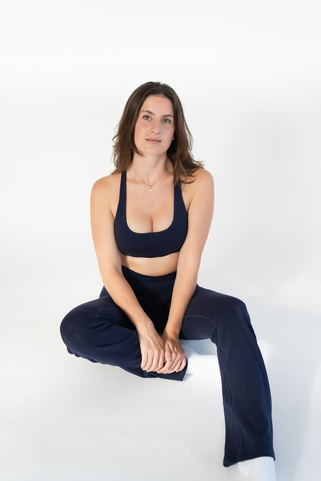 Lavoréa Wrap Waist Flare Leggings in Navy Blue, organic cotton, back view