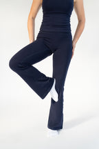 Lavoréa Wrap Waist Flare Leggings in Navy Blue, organic cotton, full length view showing the flared leg
