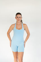 Lavoréa Ruched Waist Pocket Shorts in Light Blue, organic cotton, worn with a matching top