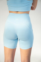 Lavoréa Ruched Waist Pocket Shorts in Light Blue, organic cotton, close view of the gathered front waist