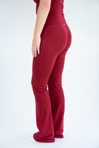 Lavoréa Wrap Waist Flare Leggings in Burgundy, organic cotton, side view