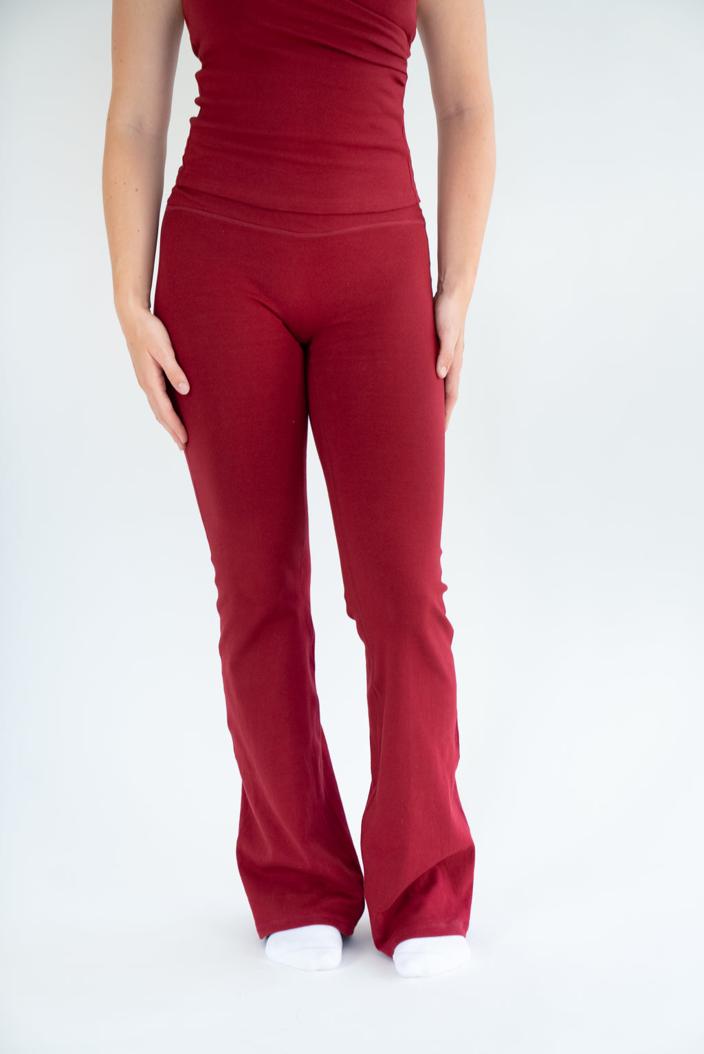 Lavoréa Wrap Waist Flare Leggings in Burgundy, organic cotton, back view